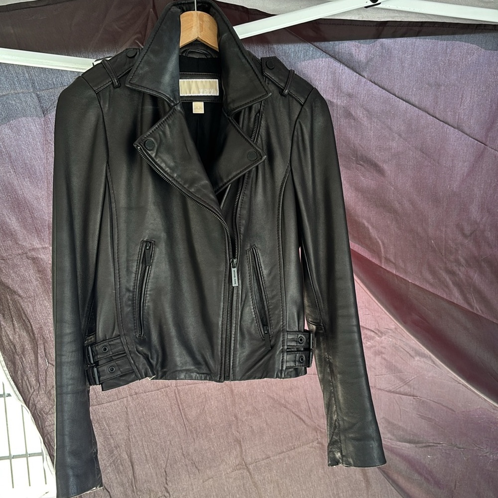 Michael Kors Black Leather Motorcycle Jacket with Quilted Details
